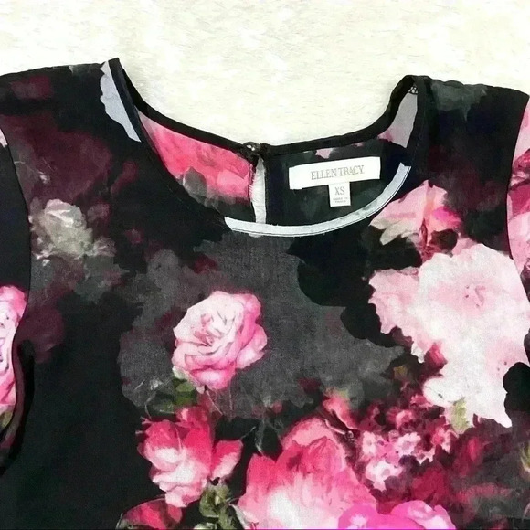 Ellen Tracy Semi Sheer Black Floral Ruffled Blouse - Picture 2 of 13